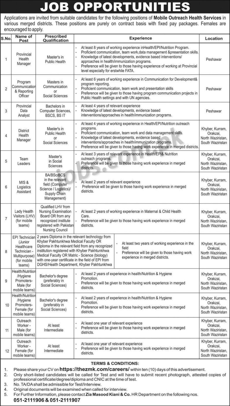 Mobile Outreach Health Services Jobs 2019 for 50+ IT, Health/Medical, Health Managers, LHVs, Technicians, Communication, Outreach Workers & Other Posts