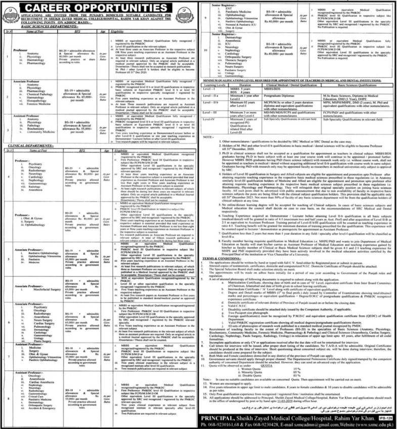 Sheikh Zayed Medical College/Hospital RYK Jobs 2019 for 50+ Registrars & Teaching Faculty