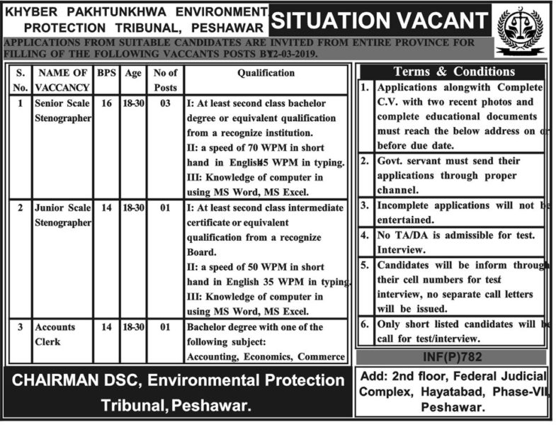 KP Environmental Protection Tribunal Jobs 2019 for 5+ Stenographers and Accounts Clerks