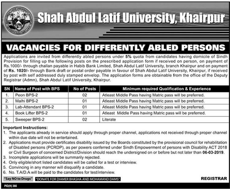 Shah Abdul University Khairpur Jobs 2019 for 7+ Support Staff (Disable Quota)