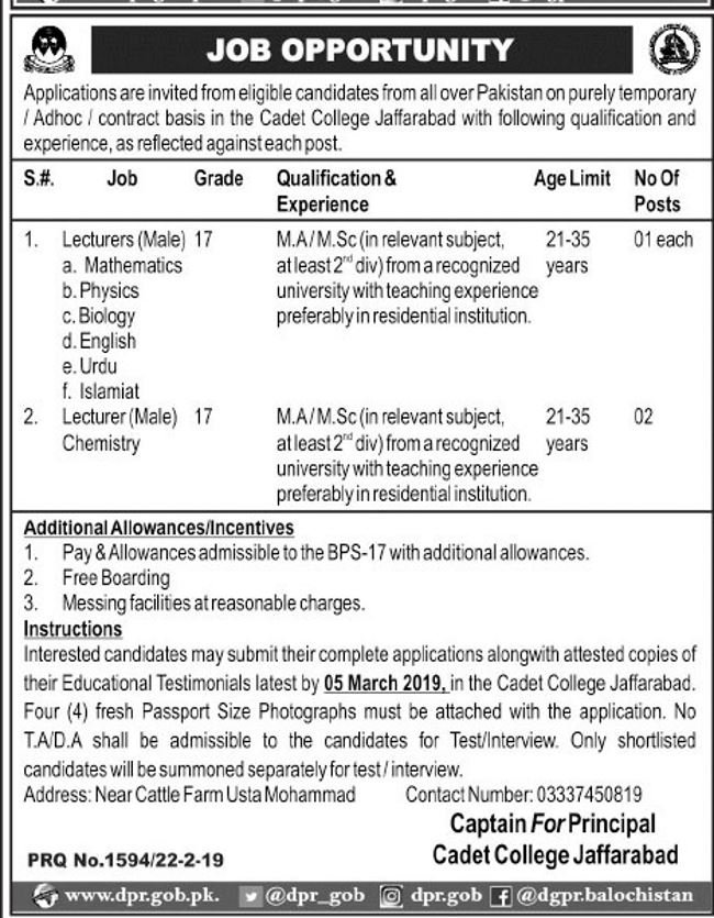 Cadet College Jaffarabad Jobs 2019 for Teaching Faculty