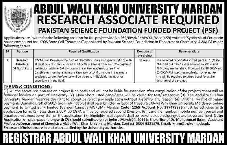 Abdul Wali Khan University Mardan Jobs 2019 for Research Associates