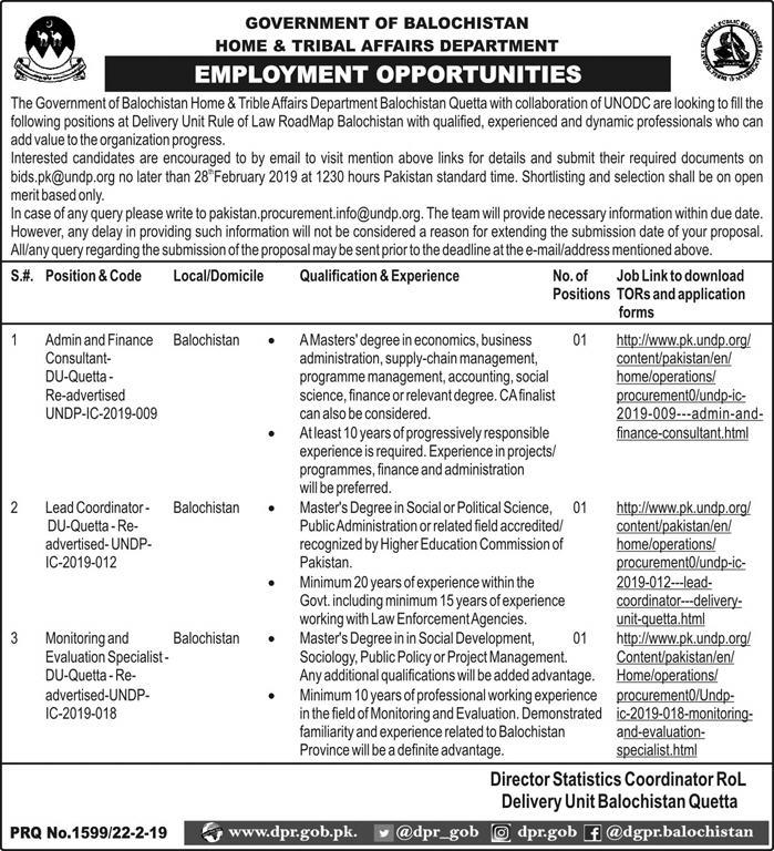 Home & Tribal Affairs Department Balochistan Jobs 2019 for M&E, Lead Coordinator and Admin/Finance Consultants