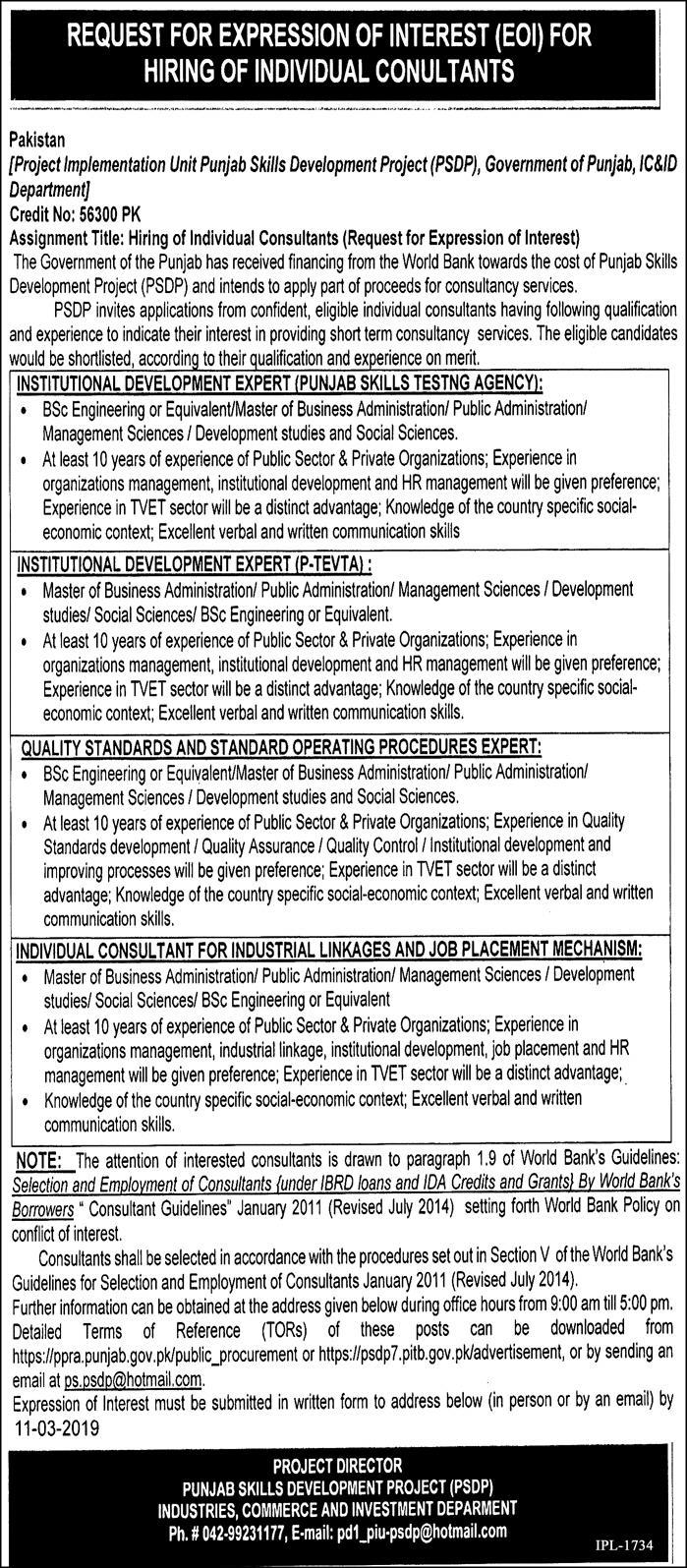 PSDP Punjab Jobs 2019 for Various Experts & Consultants