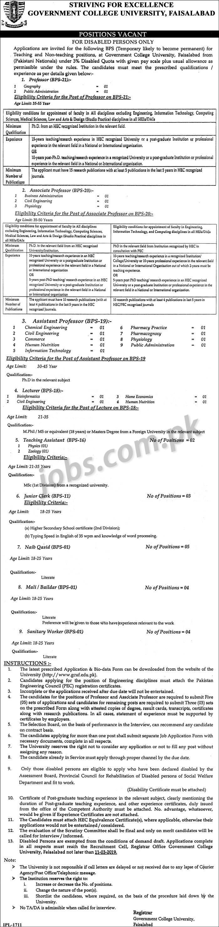 Government College University Faisalabad Jobs 2019 for 36+ Teaching, TAs, Jr Clerks and Naib Qasid (Disable Quota)