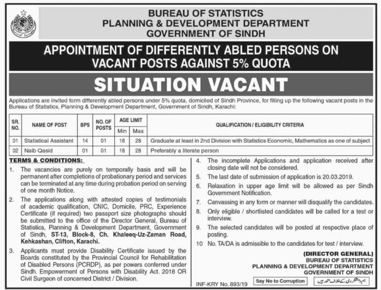 Sindh Bureau of Statistics Jobs 2019 for Statistical Assistant & Naib Qasid (Disable Quota)