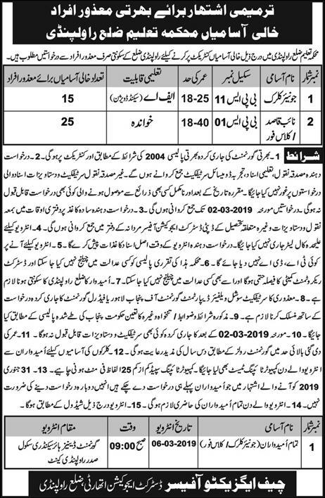 Rawalpindi District Education Authority Jobs 2019 for 40+ Junior Clerks and Naib Qasid (Disable Quota)