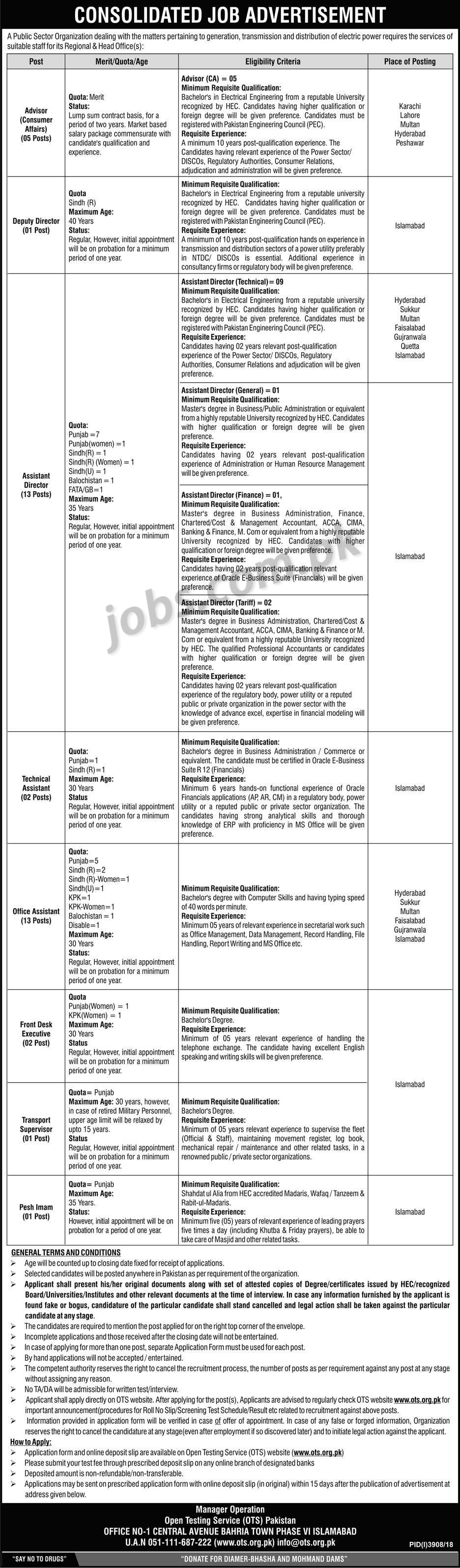 Power Sector Federal Govt Organization Jobs 2019 for 38+ Admin, Office, Asst/Dy Directors, Transport & Other Staff Posts (Multiple Cities) (Download OTS Form)