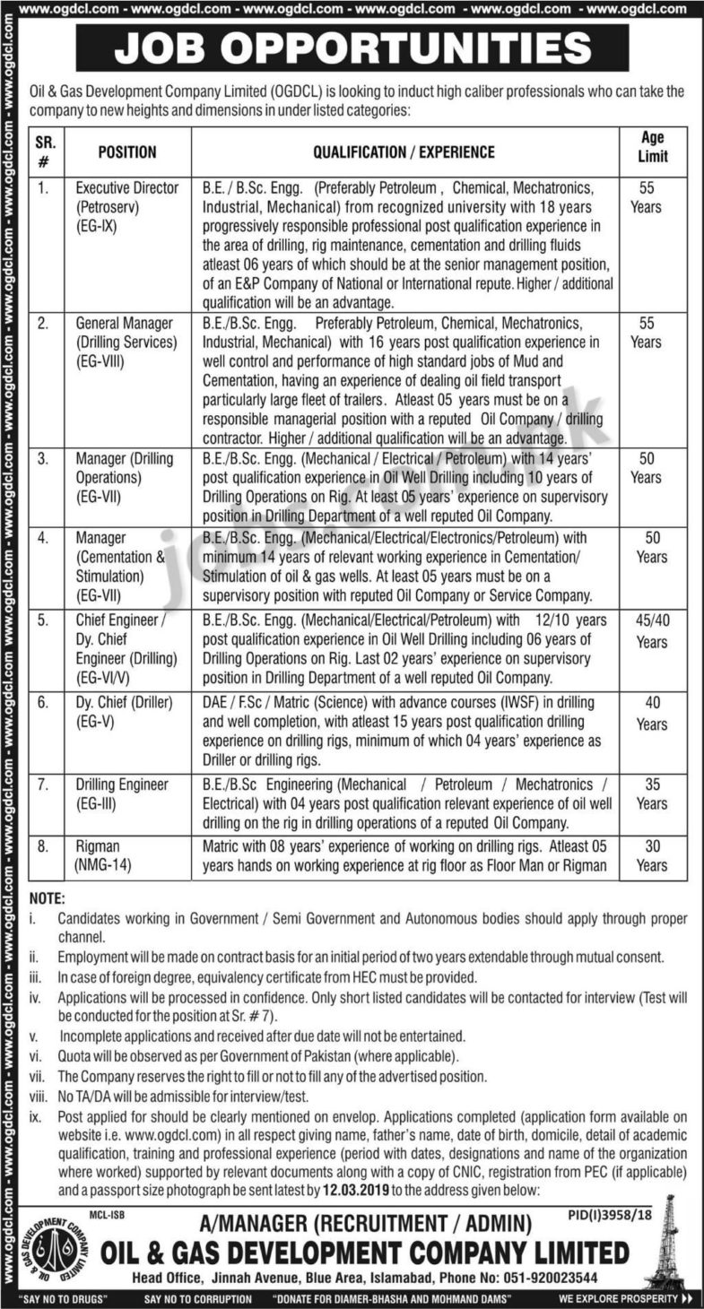 OGDCL Jobs 2019 for Rigman, Drilling, Engineering, Managers & Directors