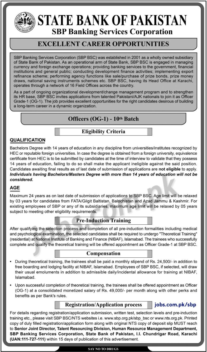 State Bank (SBP) Jobs 2019 for Officers (OG-I) – 10th Batch – Download NTS Form