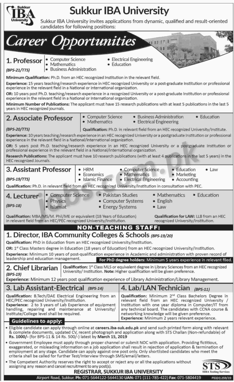 Sukkur IBA University Jobs 2019 for IT, DAE/BTech, Management, Library & Teaching Staff