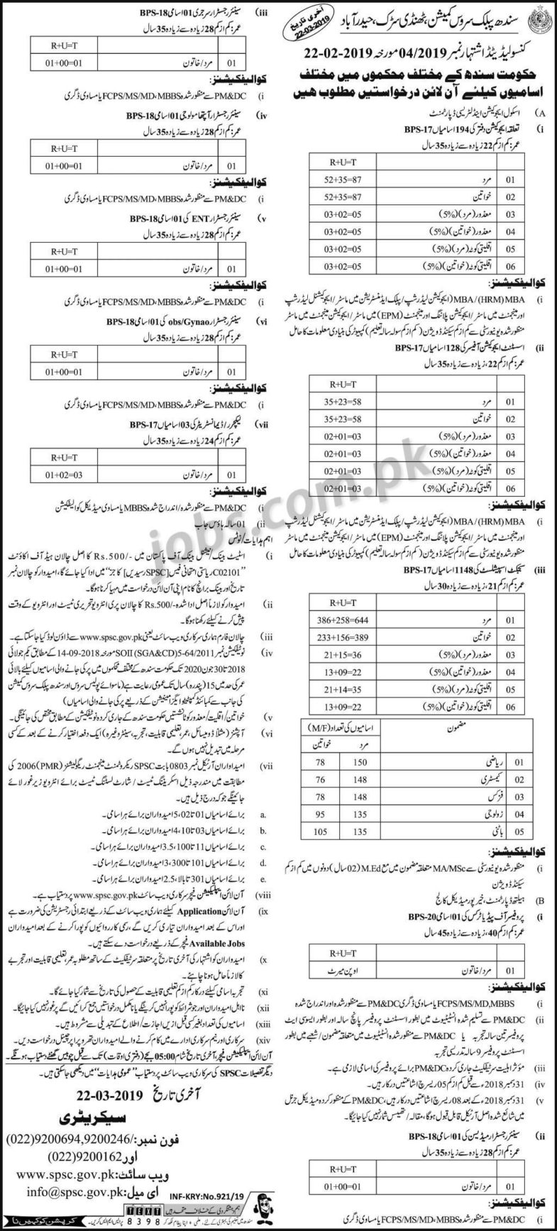 SPSC Jobs 4/2019: 1479+ Education Officers, Subject Specialists & Other Posts in Sindh Government Departments