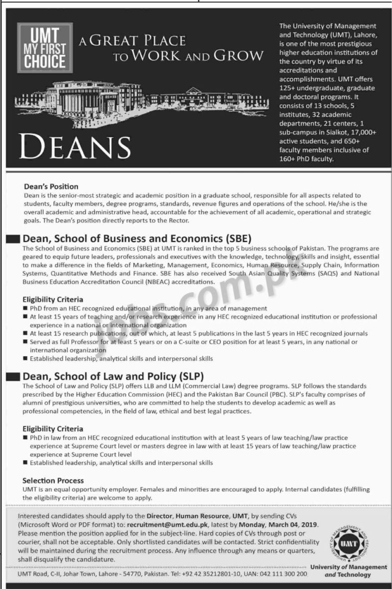 University of Management & Technology (UMT) Jobs 2019 for Deans (Multiple Positions)