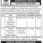 Fazaia Inter College PAF Base Quetta Jobs 2019 for Teaching Staff