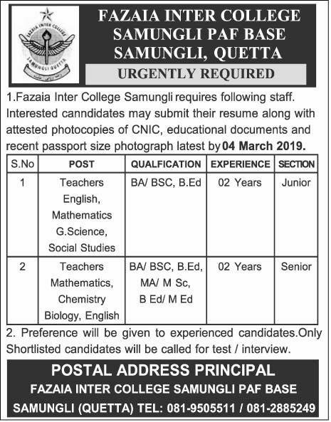 Fazaia Inter College PAF Base Quetta Jobs 2019 for Teaching Staff