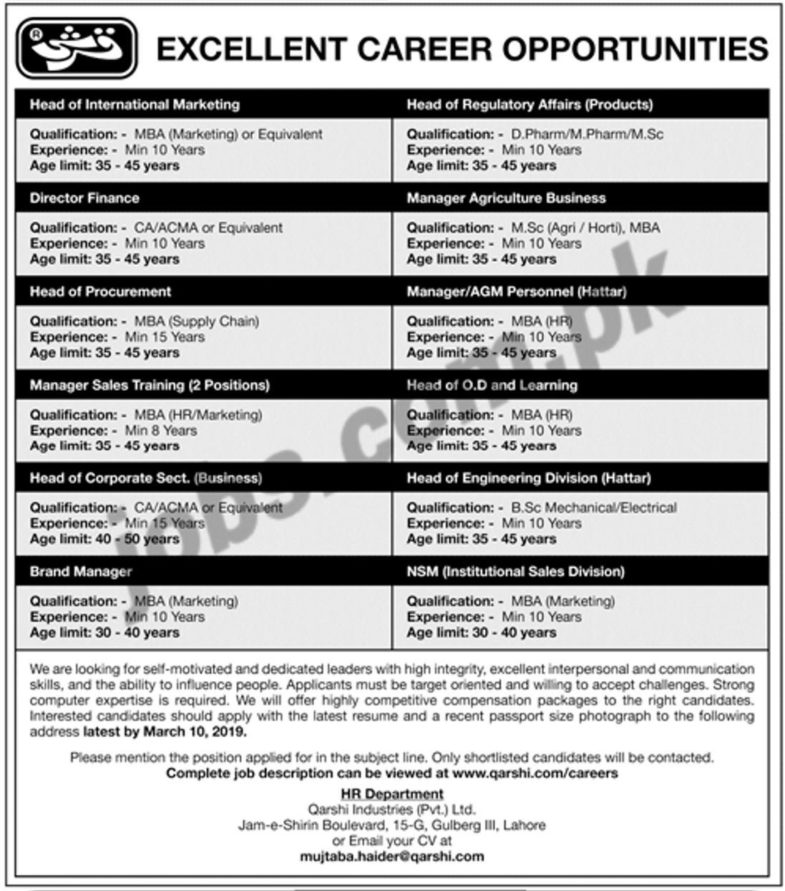 Qarshi Industries Jobs 2019 for Vacancies in Various Departments