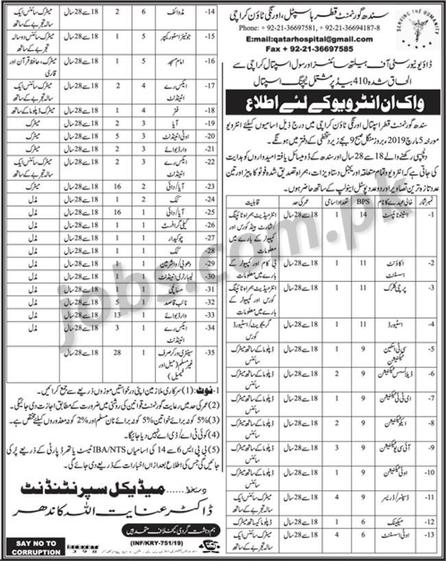 Sindh Government Qatar Hospital Jobs 2019 for 140+ Accounts, Clerks, Stenotypists, Technicians, Medical & Other Posts (Walk-in Interviews)