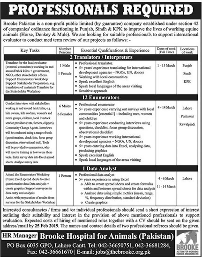 Brooke Pakistan NGO Jobs 2019 for 15+ Enumerators, Translators/Interpreters and Data Analyst (Multiple Cities)