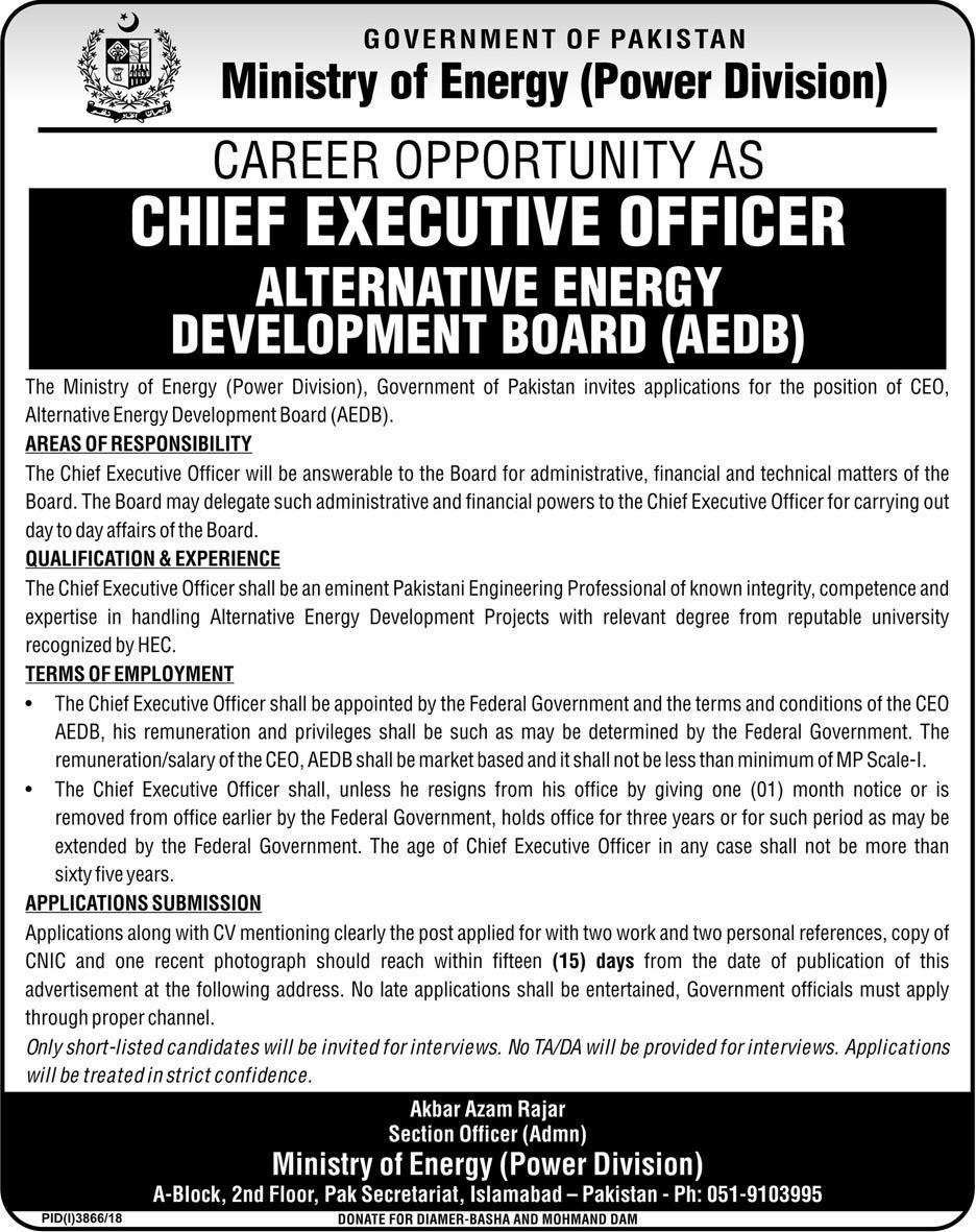 Ministry of Energy Pakistan Jobs 2019 for Chief Executive Officer / CEO