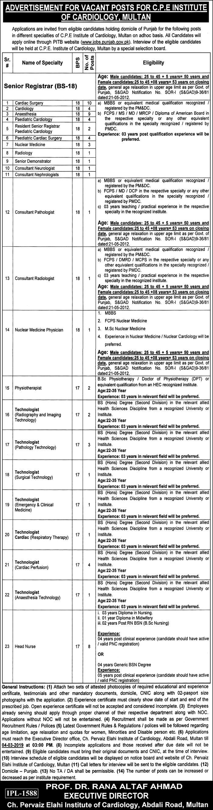 CPE Institute of Cardiology Multan Jobs 2019 for 66+ Registrars, Medical & Para Medical Staff