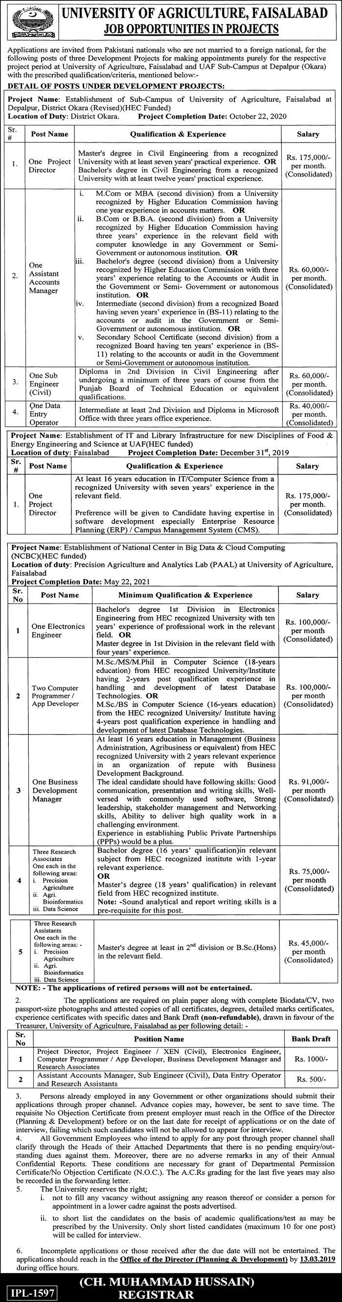 University of Agriculture Faisalabad Jobs 2019 for 15+ Research, DEO, Engineering, IT, Accounts & Other Posts