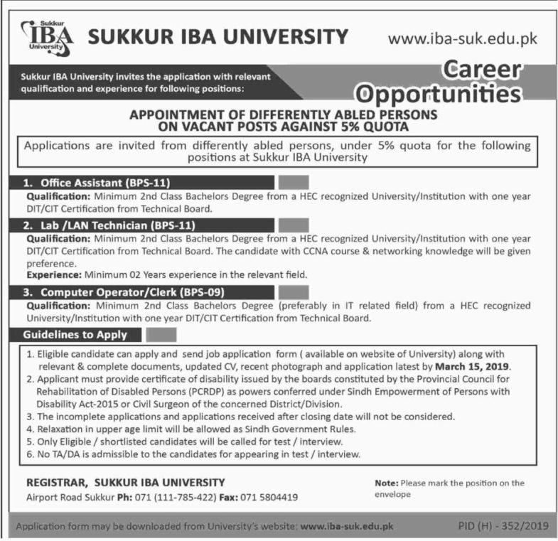 Sukkur IBA University Jobs 2019 for Office Assistant, Clerk / Computer Operator and IT Staff (Disable Quota)