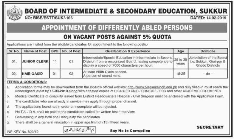 BISE Sukkur Jobs 2019 for Junior Clerk & Naib Qasid Posts (Disable Quota)