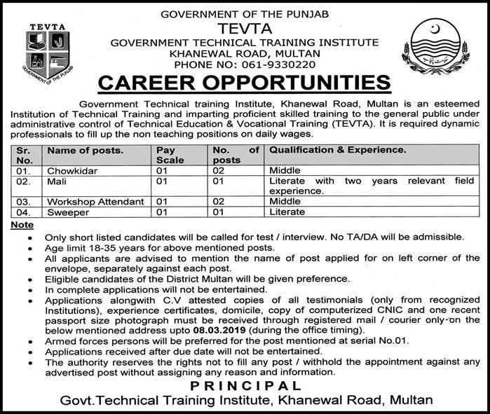 TEVTA Punjab Jobs 2019 for 6+ Support Staff