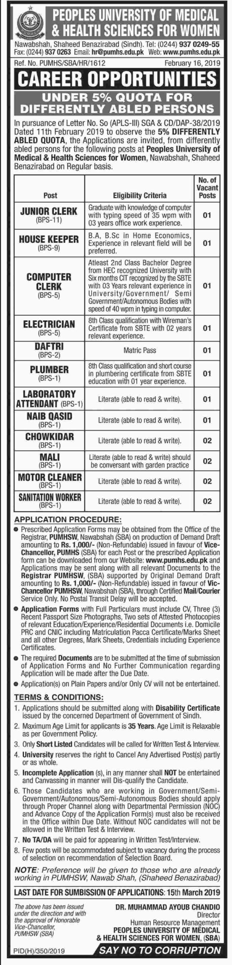 Peoples University of Medical & Health Sciences for Women Jobs 2019 for 16+ Jr Clerk, Computer Operator, House Keeper & Other Posts (Disable Quota)