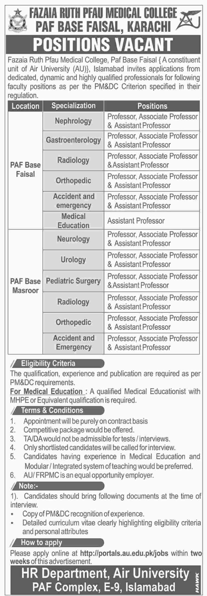 Fazaia Ruth PFAU Medical College (Islamabad/Karachi) Jobs 2019 for Teaching Faculty