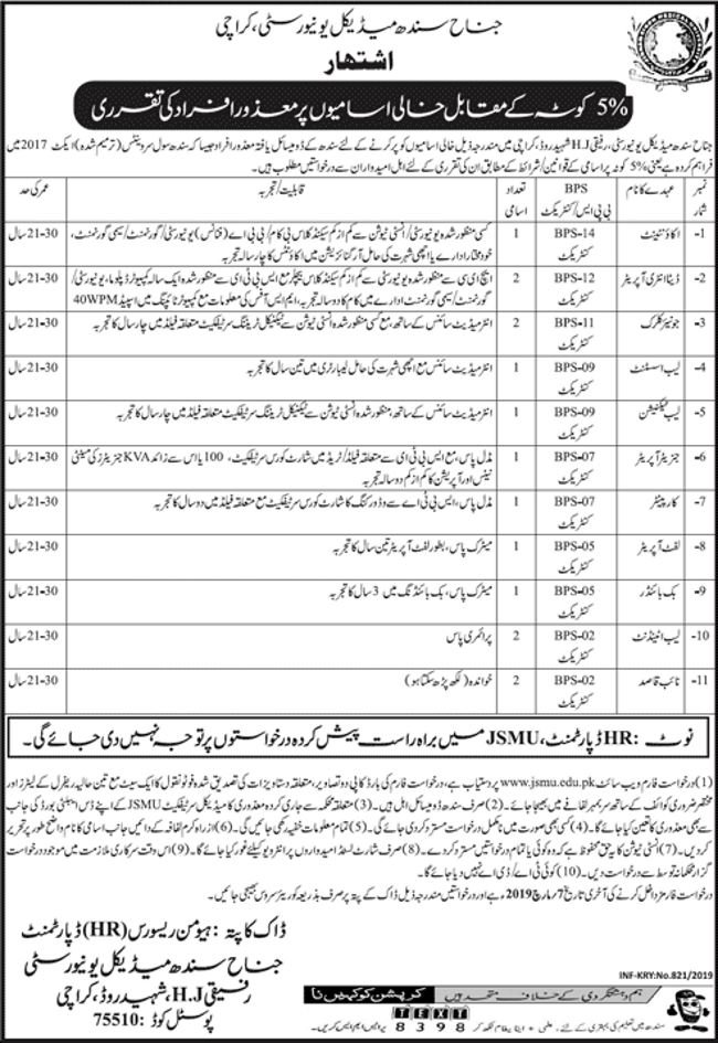Jinnah Sindh Medical University Karachi Jobs 2019 for 15+ Jr Clerk, DEO, Accounts, Lab & Other Posts (Disable Quota)