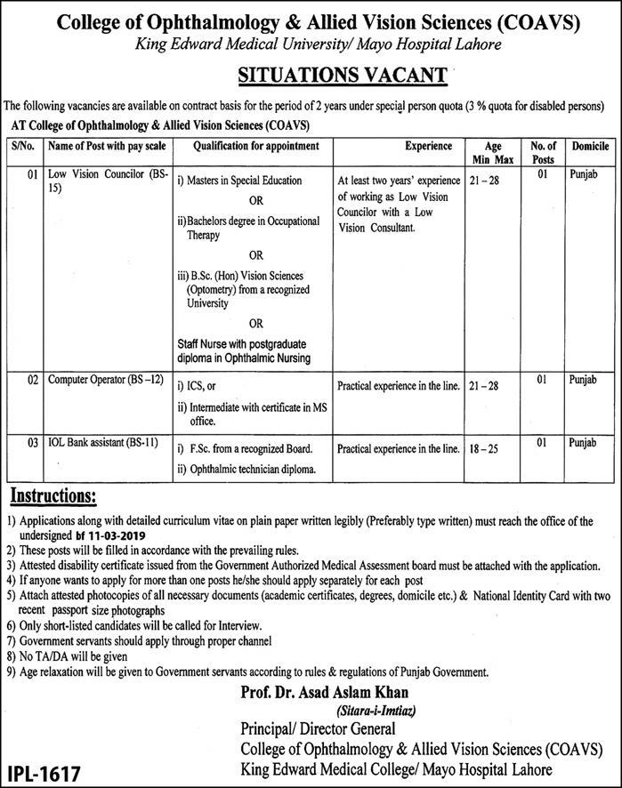 Mayo Hospital Lahore Jobs 2019 for Computer Operator, Councilor and IOL Bank Assistant (Disable Quota)