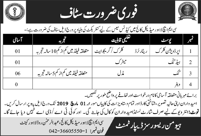 CMH Lahore Jobs 2019 for 9+ UDC Clerk, Cook & Waiter Posts