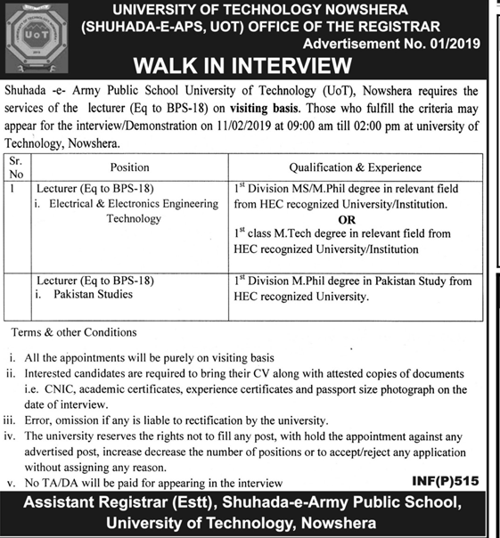 University of Technology Nowshera Jobs 2019 for Teaching Faculty