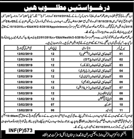 Health Department KP Jobs 2019 for LHV, Technicians and Other Staff (North Waziristan)