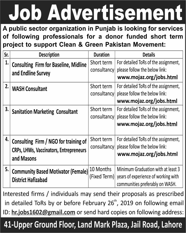 Punjab Public Sector Organization Jobs 2019 for Various Professionals for Clean & Green Pakistan Movement