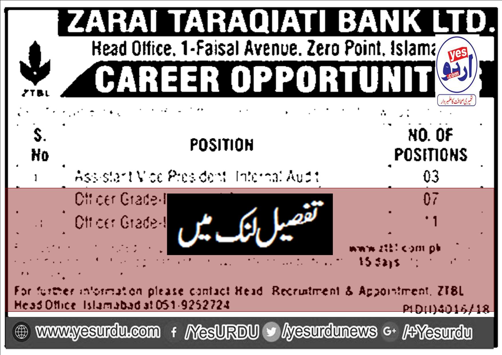 ZTBL Bank Jobs 2019 for 21+ Officer Grade-I/II and Assistant VPq