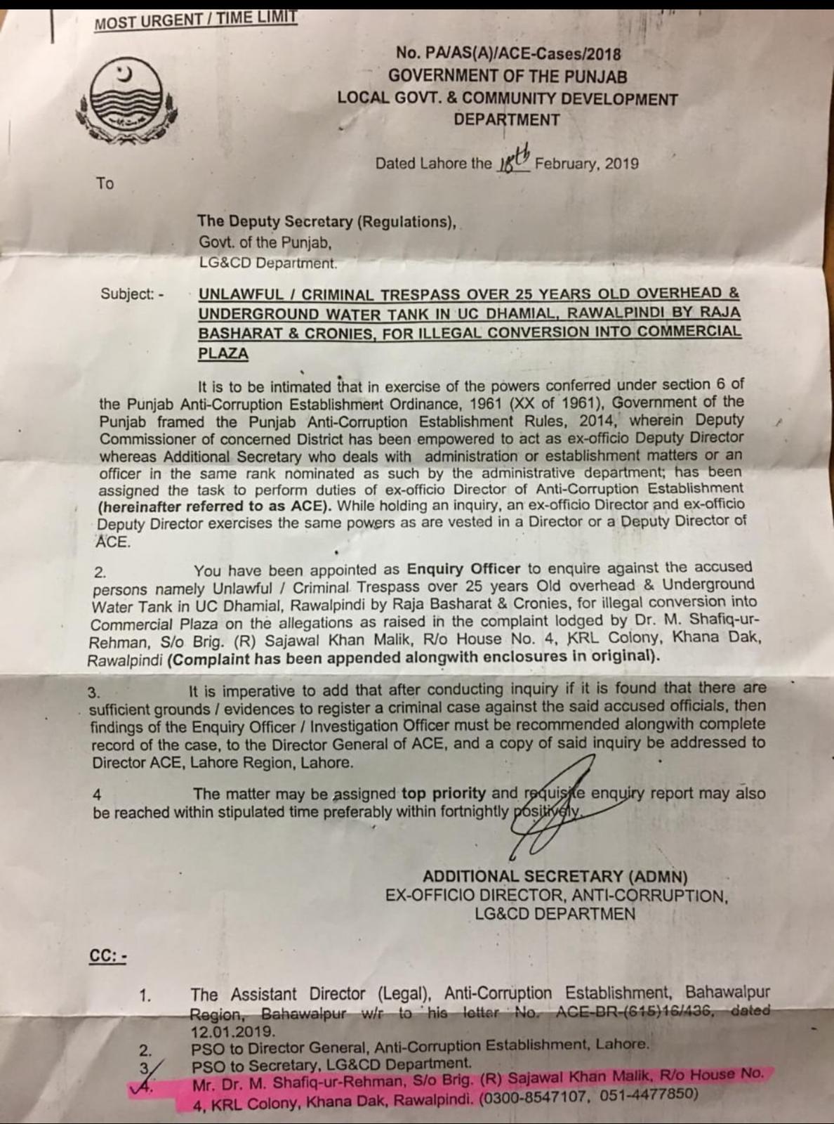 Punjab government ordered twenty-five years old crime inquiry against provincial law minister Raja Muhammad Basharat in UC Dhamial