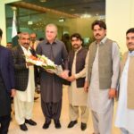 Representatives of different Union Councils of Multan meets with Foreign Minister Makhdoom Shah Mehmood Qureshi in the Foreign Ministry, congratulations on successful diplomacy and presented flowers