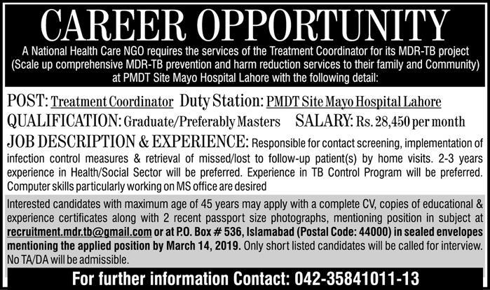 National Healthcare NGO Jobs 2019 for Treatment Coordinator / Graduate