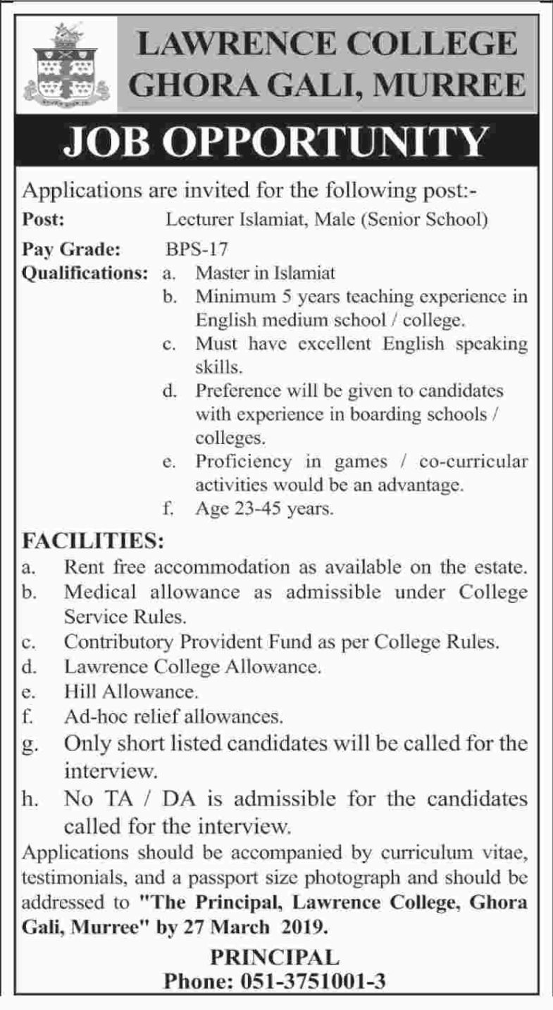 Lawrence College Murree Jobs 2019 for Teaching Faculty