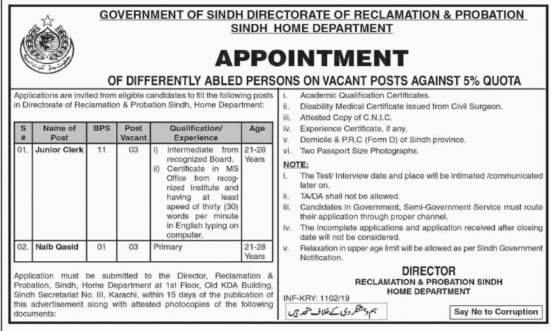 Sindh Home Department Jobs 2019 for 6+ Junior Clerks and Naib Qasid Posts