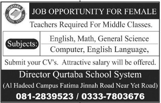 Qurtaba School System Jobs 2019 for Teachers