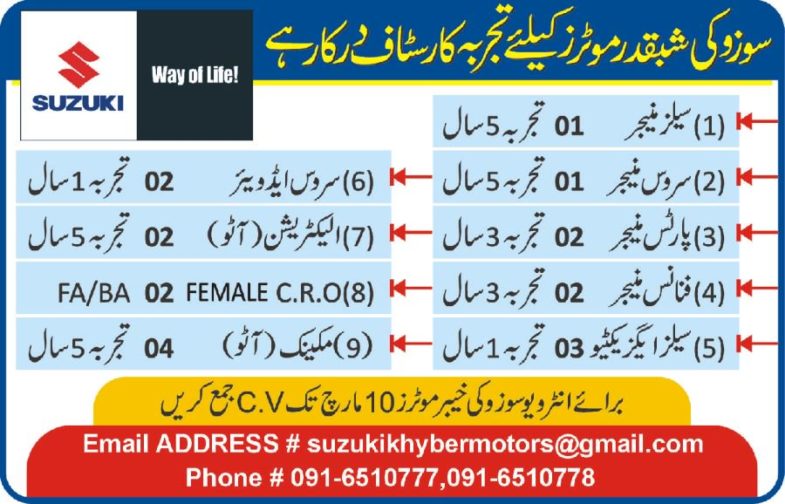 Suzuki Khyber Motors Peshawar Jobs 2019 for 9+ Sales, Finance, Service/Parts Managers, DAE & Technical Staff