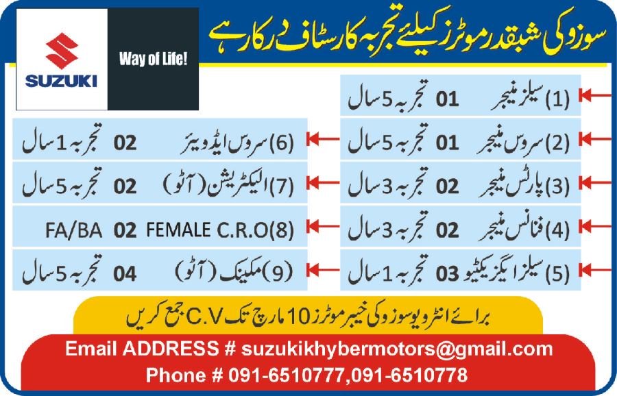 Suzuki Khyber Motors Peshawar Jobs 2019 for 9+ Sales, Finance, Service/Parts Managers, DAE & Technical Staff
