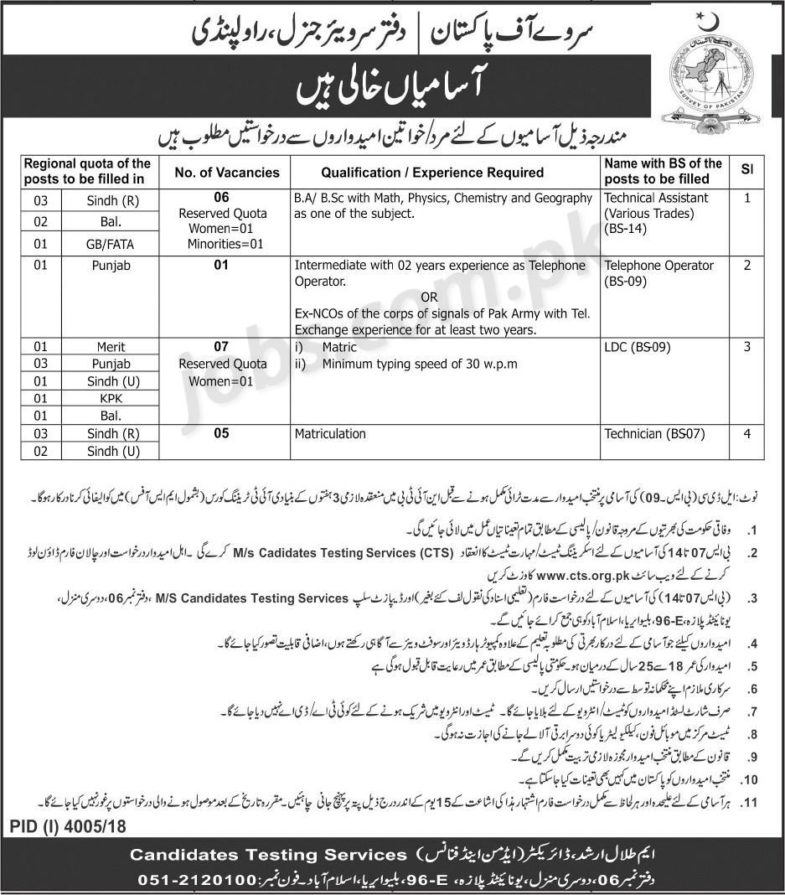 Survey of Pakistan Jobs 2019 for 19+ LDC Clerks, Technical Assistants, Telephone Operators and Technicians (Download CTS Form)