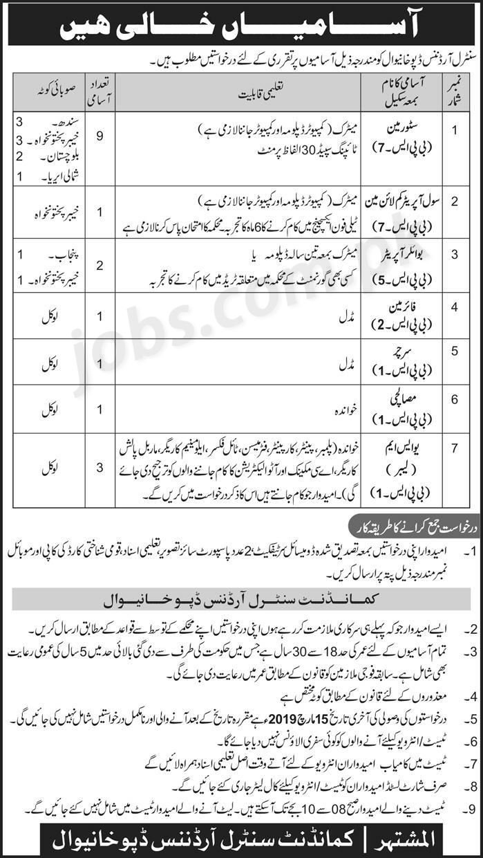Pak Army Jobs 2019 for 18+ Posts (Multiple Categories) at Central Ordnance Depot Khanewal