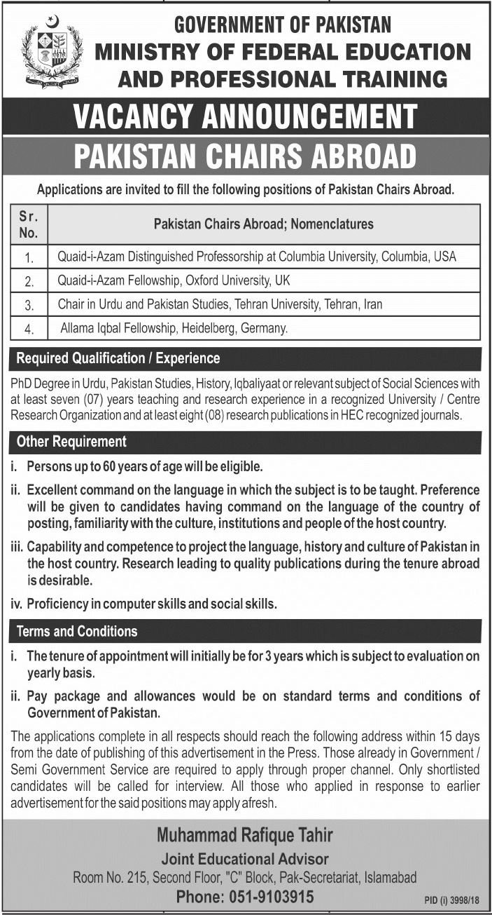 Ministry of Federal Education & Professional Training Jobs 2019 for Chair / Fellowship / Professorship