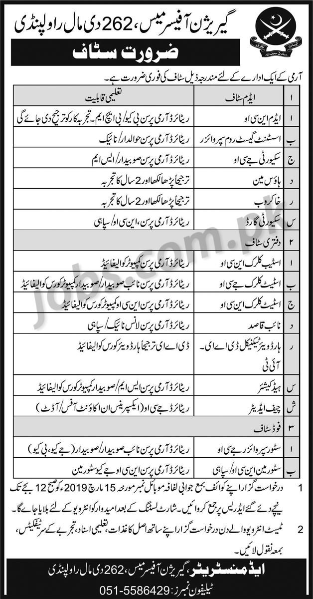 Pak Army Jobs 2019 for 15+ Clerks, IT, Admin, Cashier, Editor, Supervisors & Other Posts at Garrison Officer Mess Rawalpindi