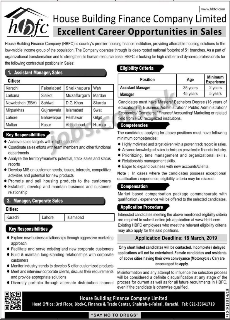 HBFC Pakistan Jobs 2019 for 27+ Assistant Manager / Sales and Manager / Corporate Sales